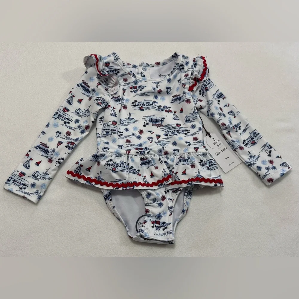 Infant Girl 18M Sperry Nautical One Piece Rashguard & Hat Set - Blue Red - NWT